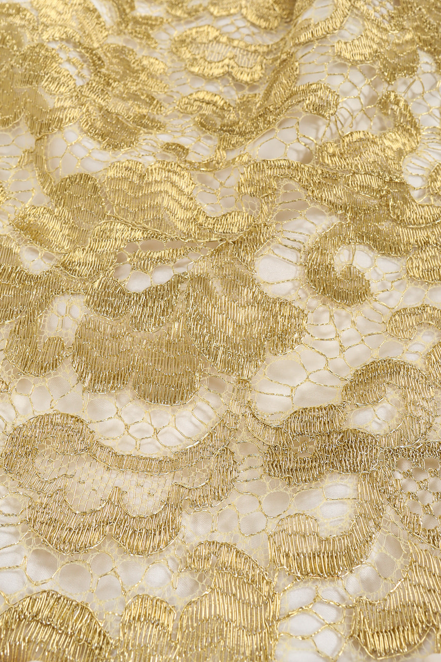 Vintage Escada Couture Metallic Floral Lace Silk Dress metallic gold lace close @ Recess LA
