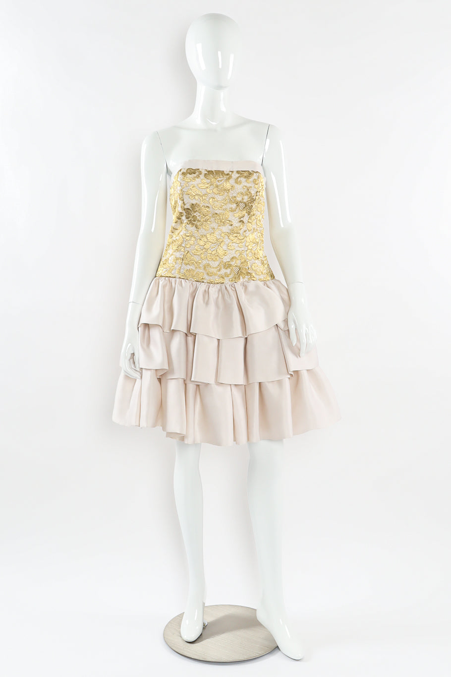 Vintage Escada Couture Metallic Floral Lace Silk Dress mannequin front @ Recess LA