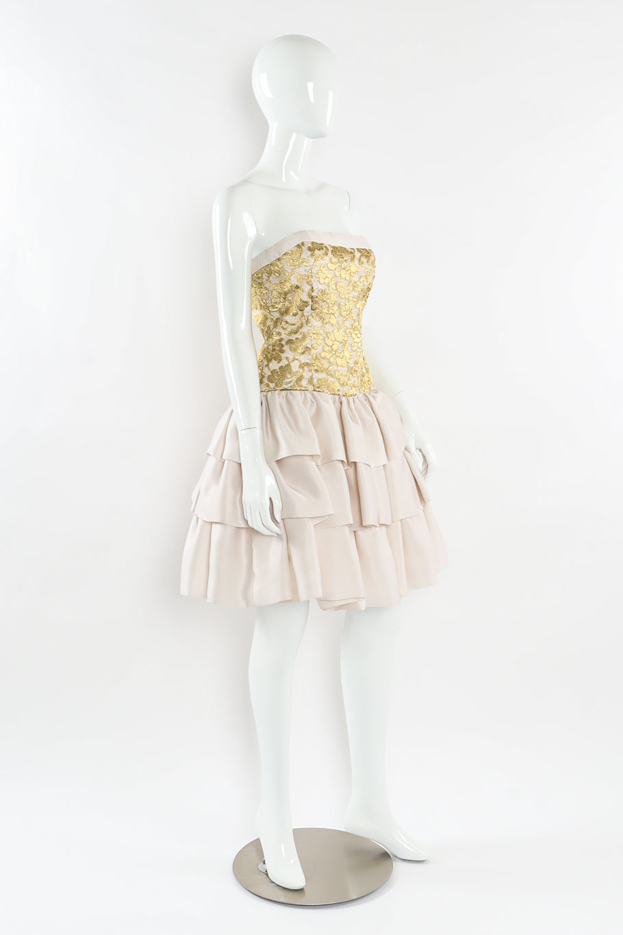 Vintage Escada Couture Metallic Floral Lace Silk Dress mannequin side angle @ Recess LA