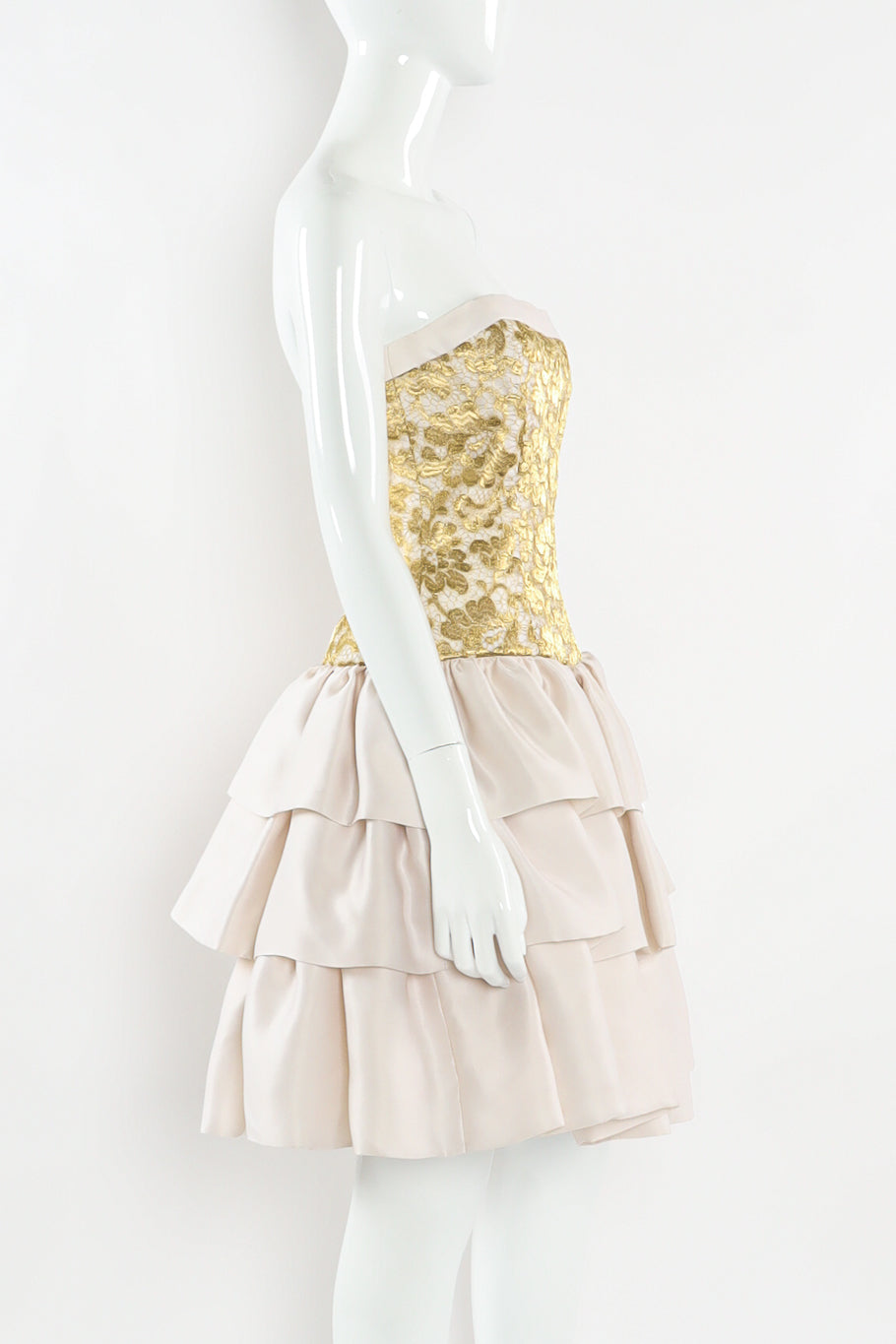 Vintage Escada Couture Metallic Floral Lace Silk Dress mannequin side close @ Recess LA