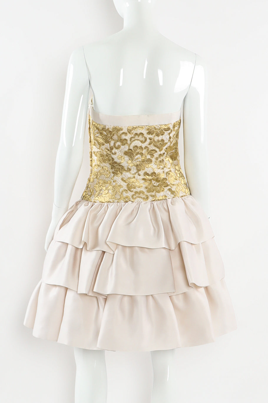 Vintage Escada Couture Metallic Floral Lace Silk Dress mannequin back close  @ Recess LA