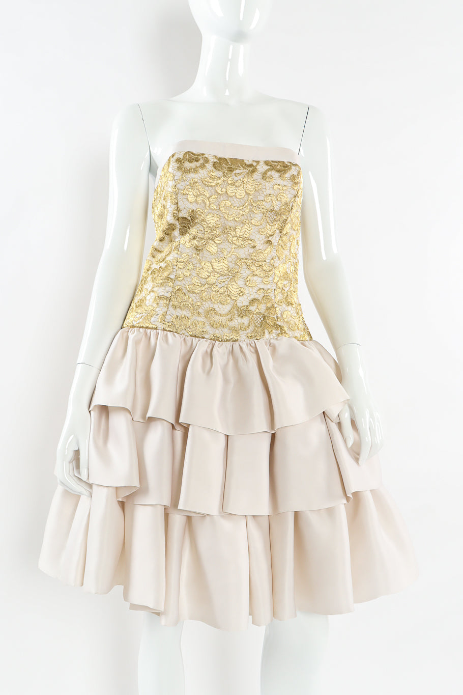 Vintage Escada Couture Metallic Floral Lace Silk Dress mannequin front close @ Recess LA