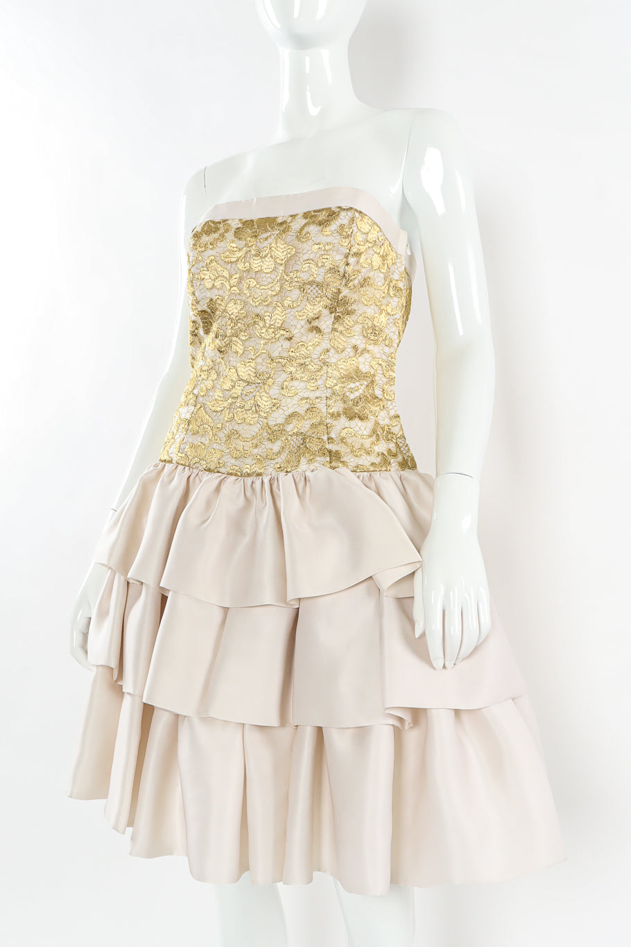 Vintage Escada Couture Metallic Floral Lace Silk Dress mannequin close angle @ Recess LA
