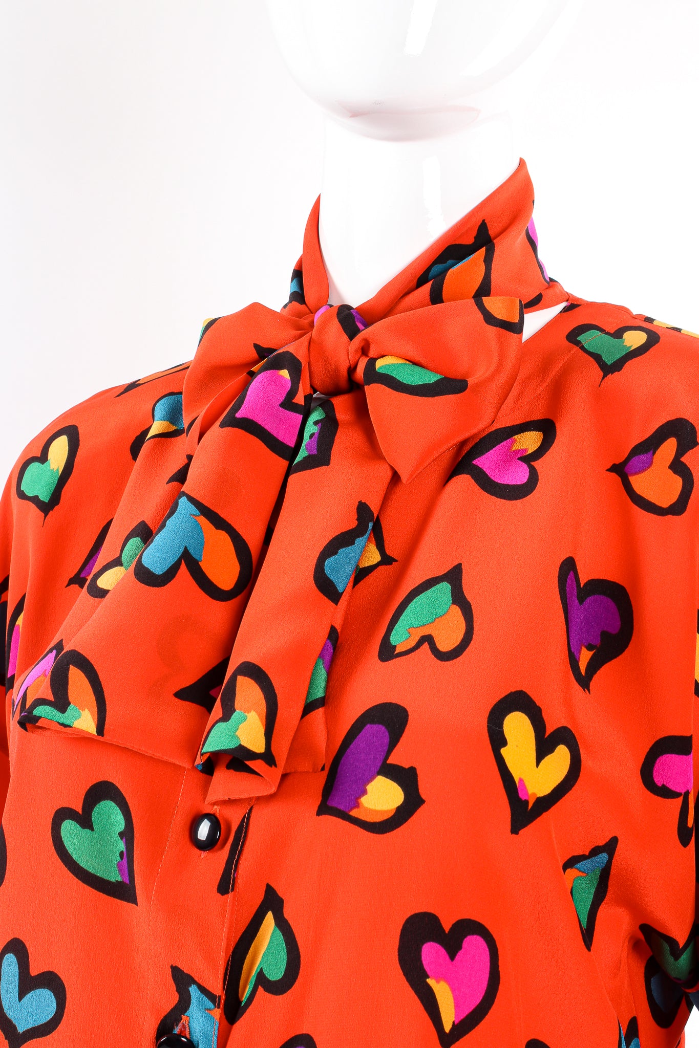 Vintage Escada Graffiti Heart Print Silk Blouse on Mannequin bow tie at Recess Los Angeles