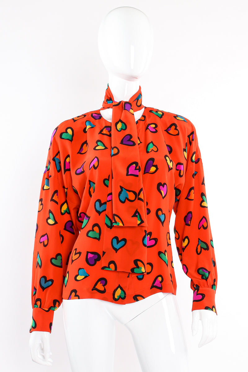 Vintage Escada Graffiti Heart Print Silk Blouse on Mannequin front scarf tie at Recess Los Angeles