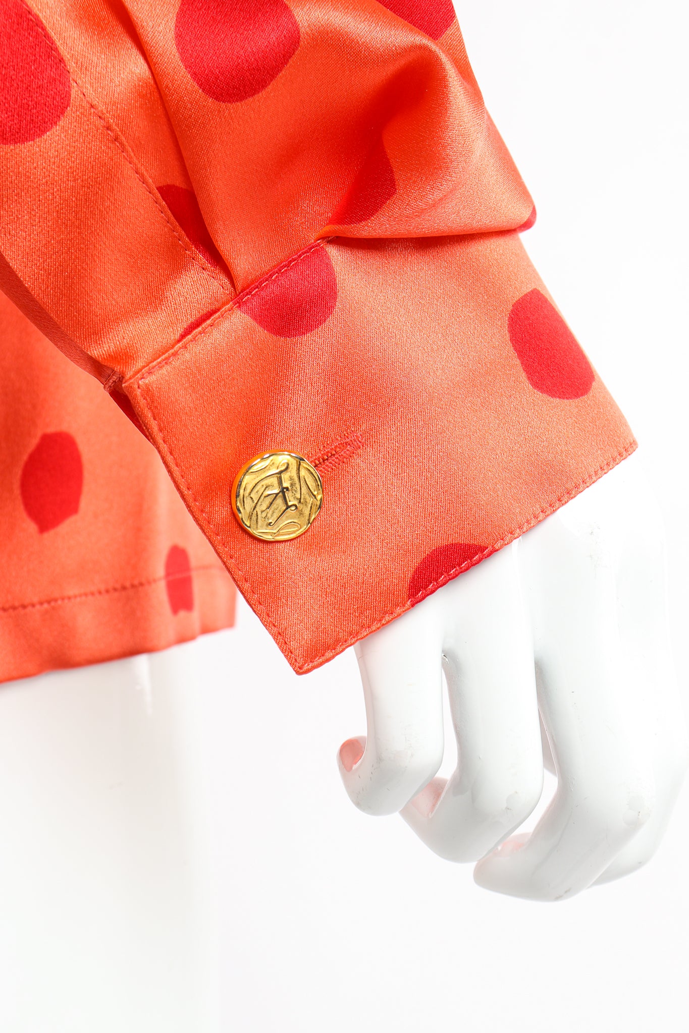 Vintage Escada Deadstock Fire Carnival Dot Satin Blouse sleeve cuff detail at Recess LA