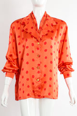 Vintage Escada Deadstock Fire Carnival Dot Satin Blouse On Mannequin front Crop at Recess LA