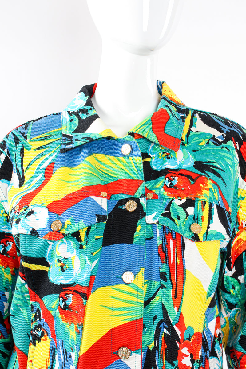 Vintage Escada Tropical Parrot Denim Jacket & Pant Set on Mannequin crop collar at Recess LA