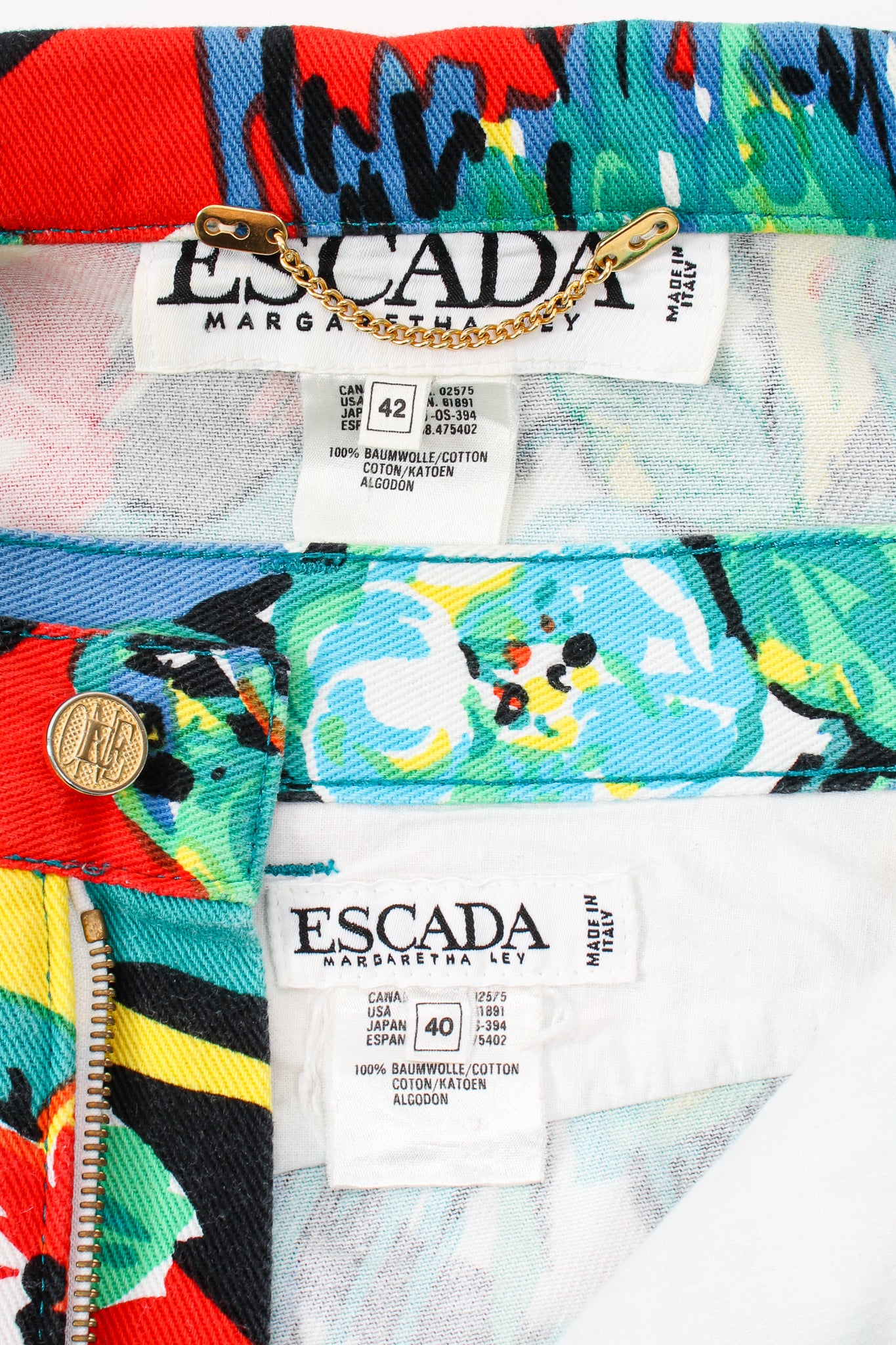 Vintage Escada Tropical Parrot Denim Jacket & Pant Set labels at Recess LA