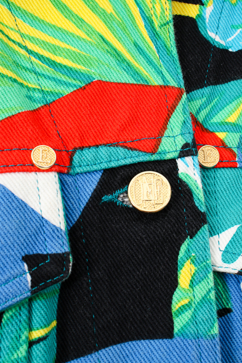Vintage Escada Tropical Parrot Denim Jacket & Pant Set button detail at Recess LA