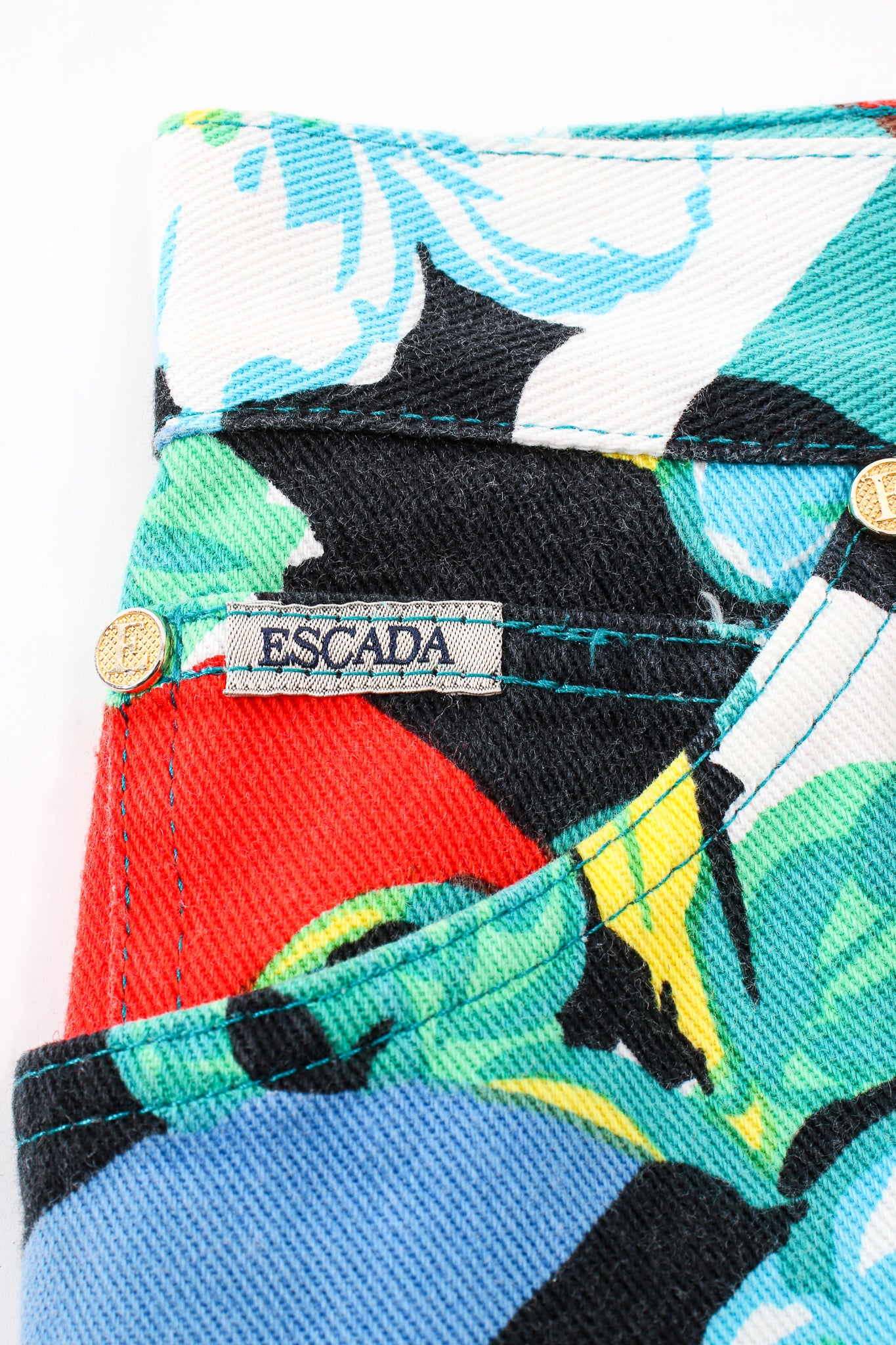Vintage Escada Tropical Parrot Denim Jacket & Pant Set pant coin pocket at Recess LA