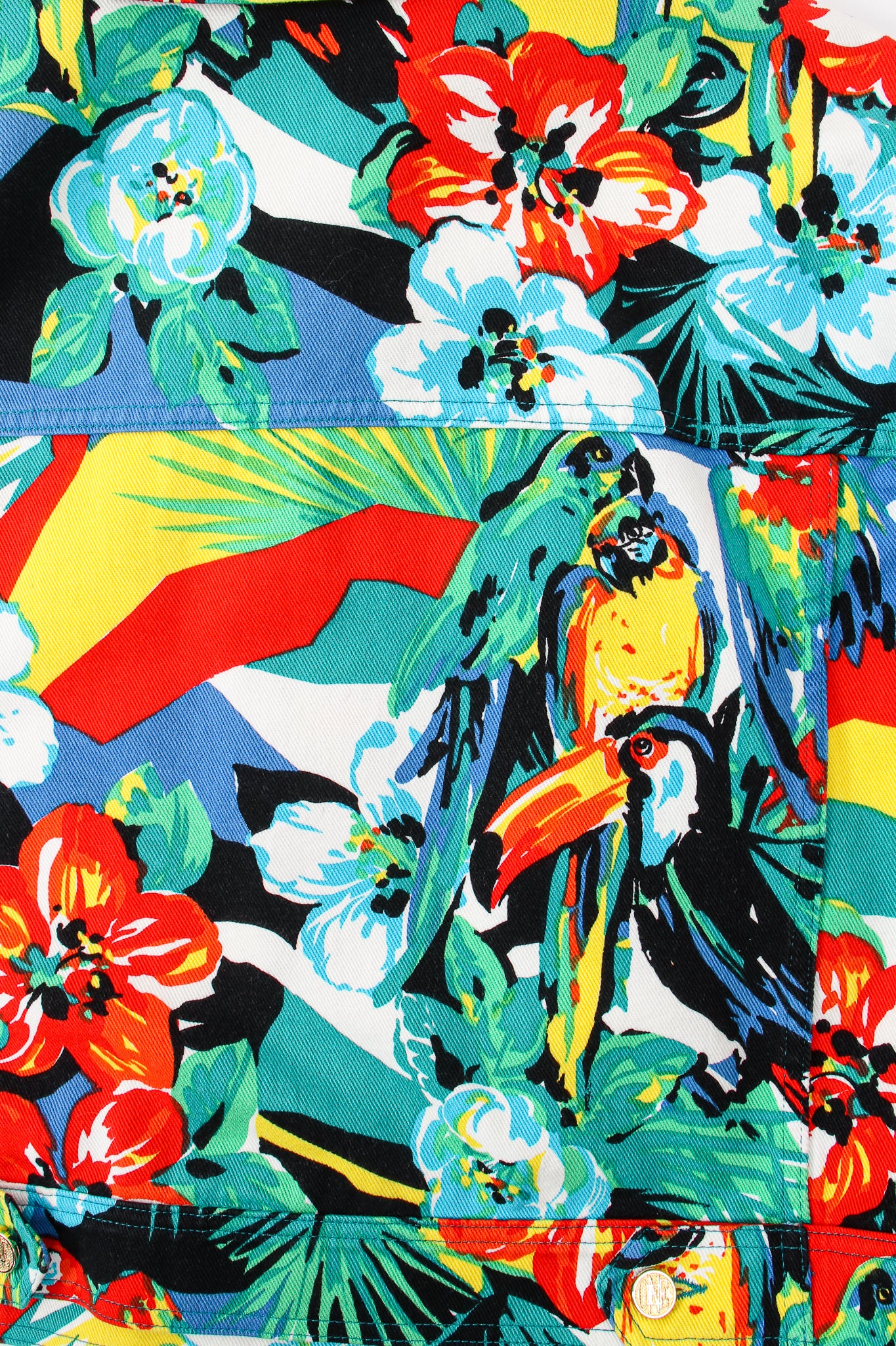 Vintage Escada Tropical Parrot Denim Jacket & Pant Set print detail at Recess LA