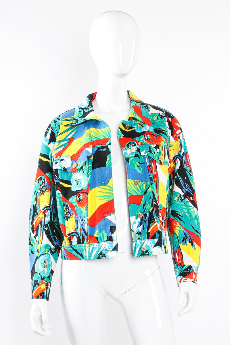 Vintage Escada Tropical Parrot Denim Jacket & Pant Set on Mannequin jacket front at Recess LA