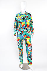 Vintage Escada Tropical Parrot Denim Jacket & Pant Set on Mannequin front at Recess LA