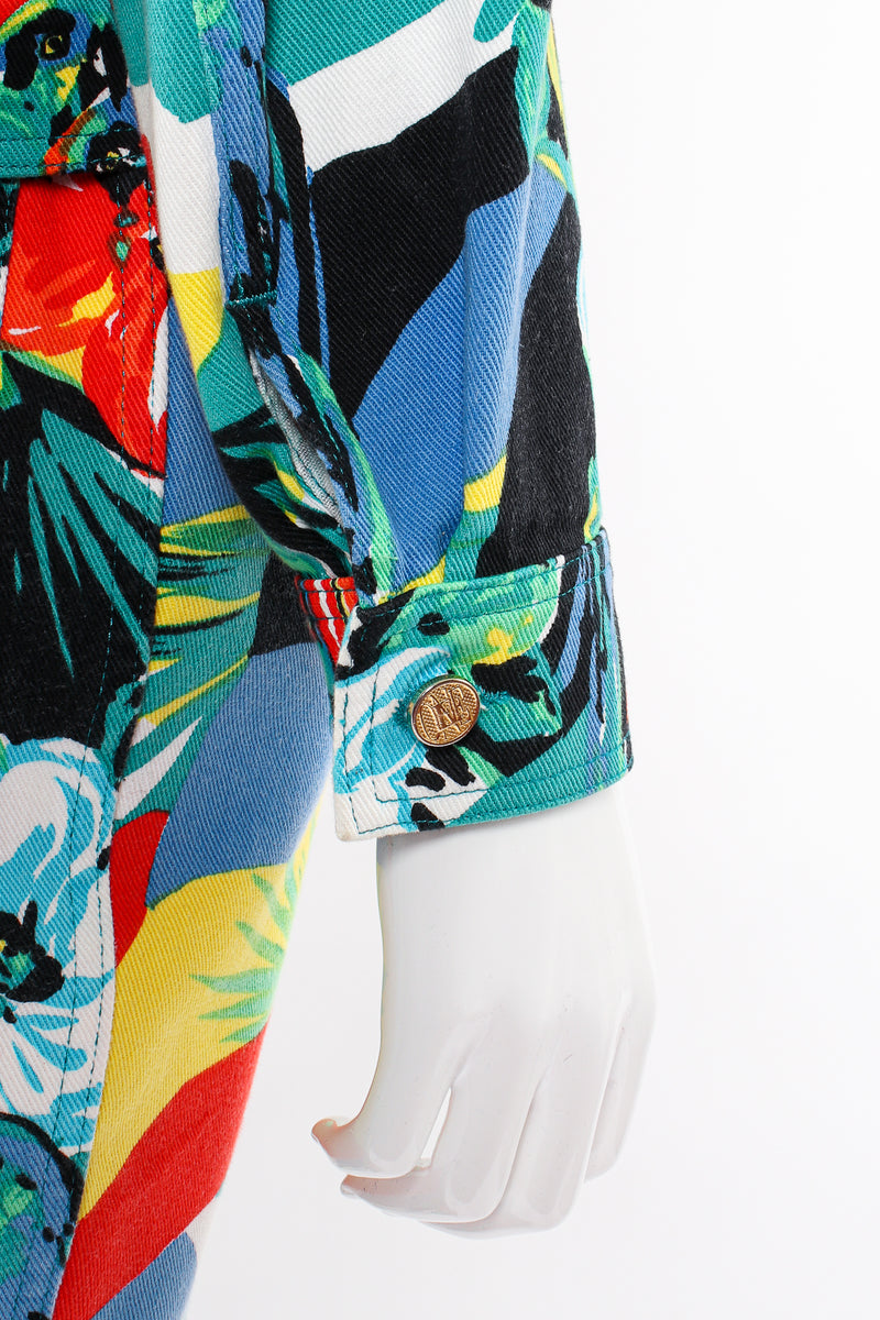 Vintage Escada Tropical Parrot Denim Jacket & Pant Set on Mannequin sleeve at Recess LA