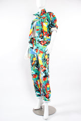 Vintage Escada Tropical Parrot Denim Jacket & Pant Set on Mannequin angle at Recess LA