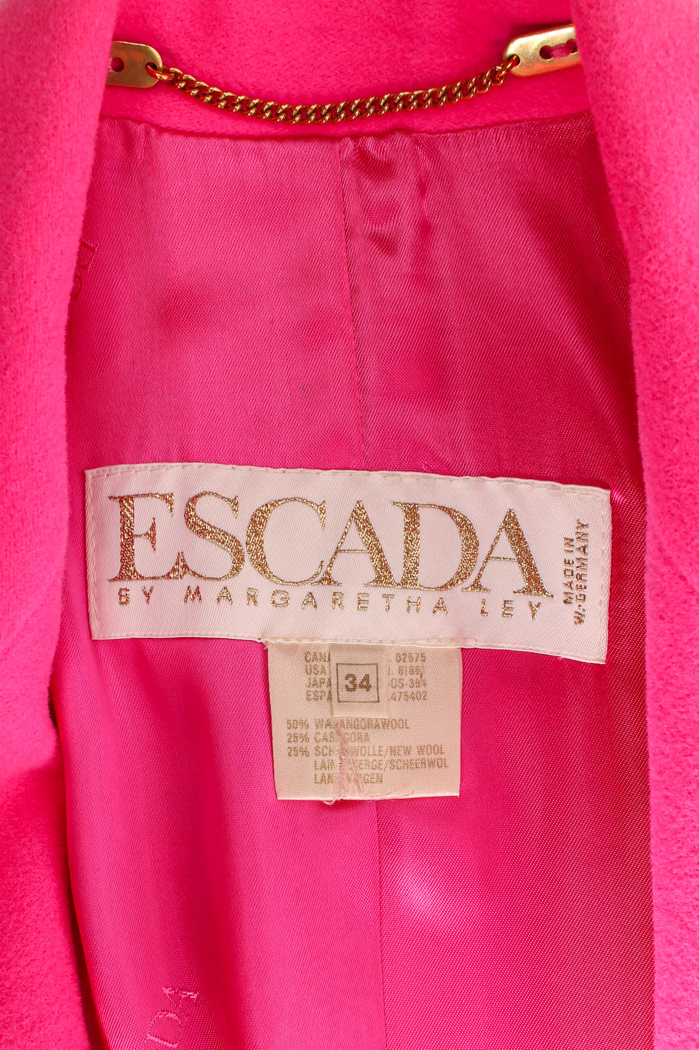 Vintage Escada by Margaretha Ley Hot Pink Wool Blazer tag/hanger chain @ Recess LA