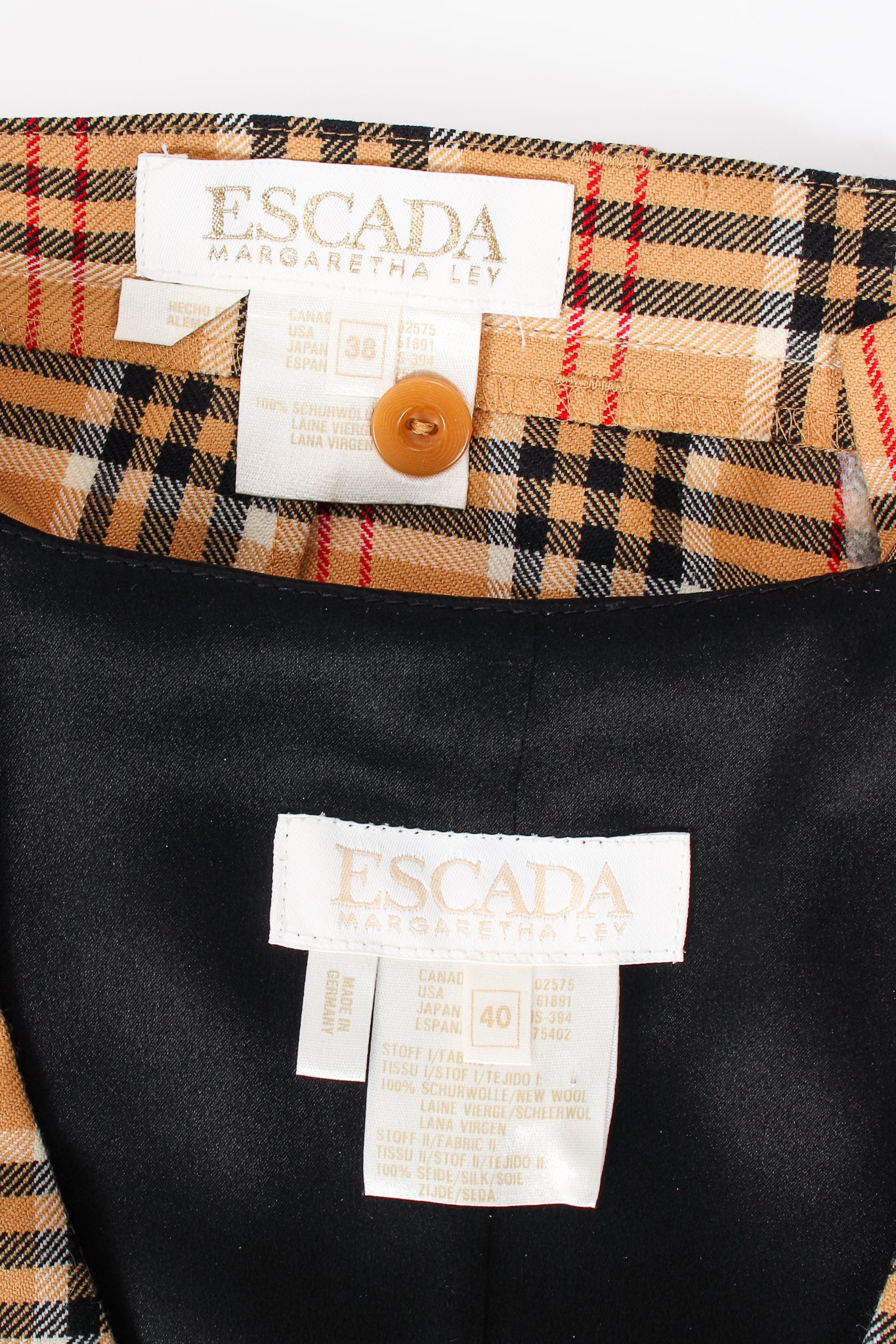 Vintage Escada Plaid Horsebit Vest & Pant Set labels at Recess LA