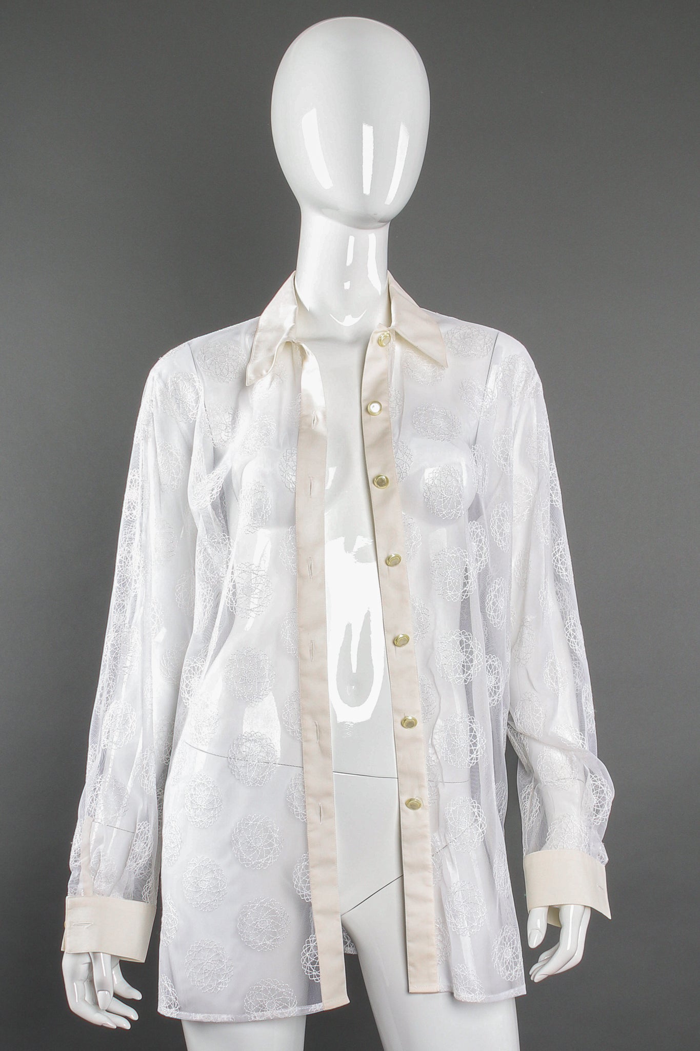 Vintage Escada Sheer Mesh Spirograph Shirt on Mannequin front open at Recess Los Angeles