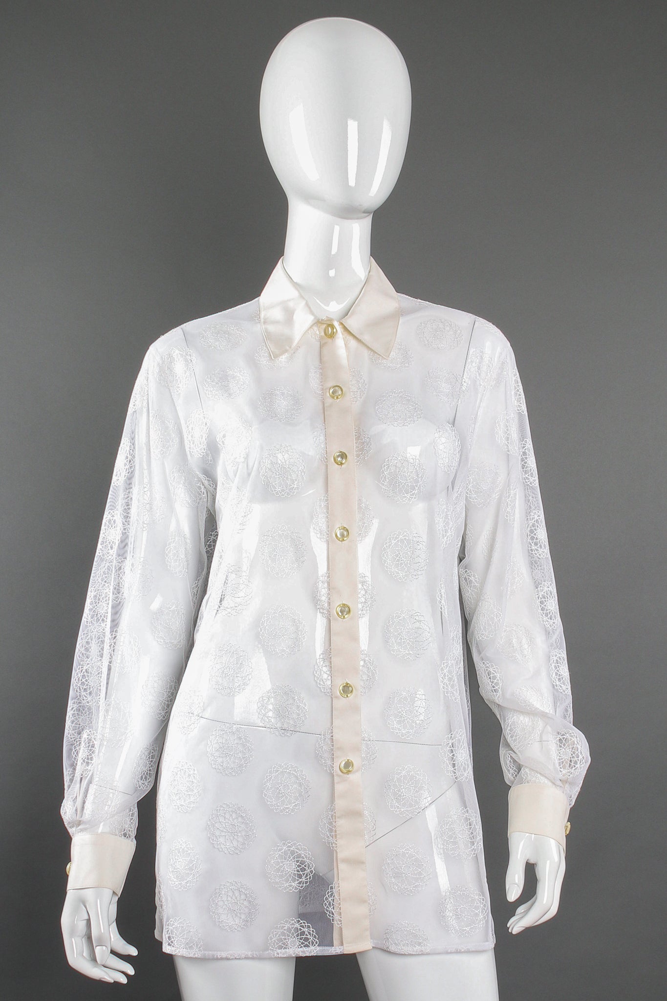 Vintage Escada Sheer Mesh Spirograph Shirt on Mannequin front at Recess Los Angeles