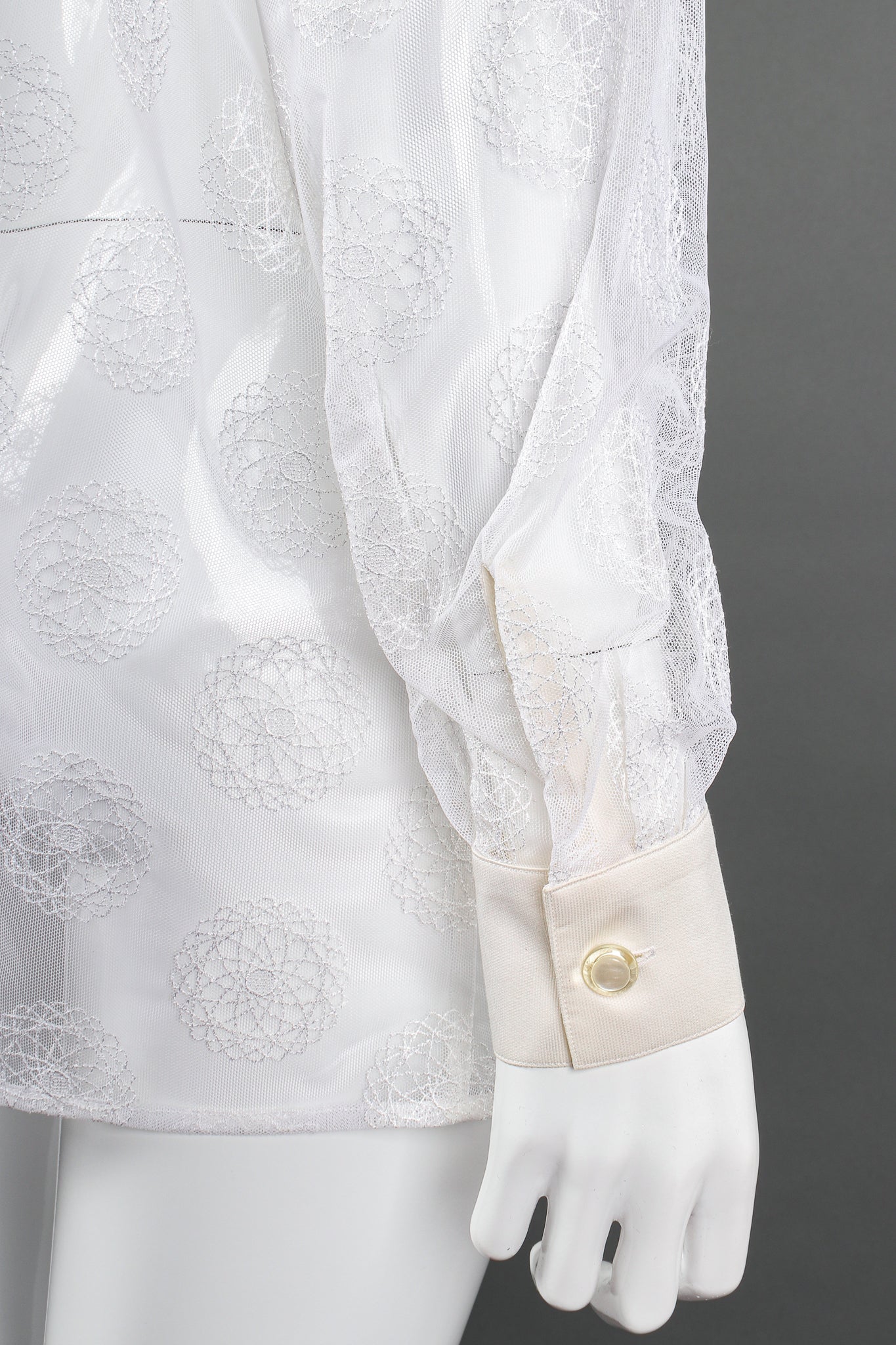 Vintage Escada Sheer Mesh Spirograph Shirt on Mannequin sleeve cuff at Recess Los Angeles