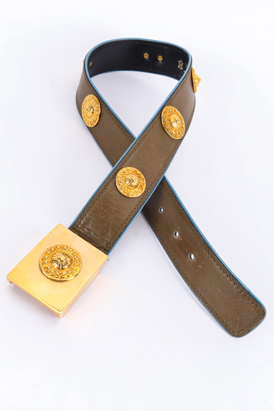 Wide olive brown leather belt with mixed gold studs by Escada flat lay @recessla