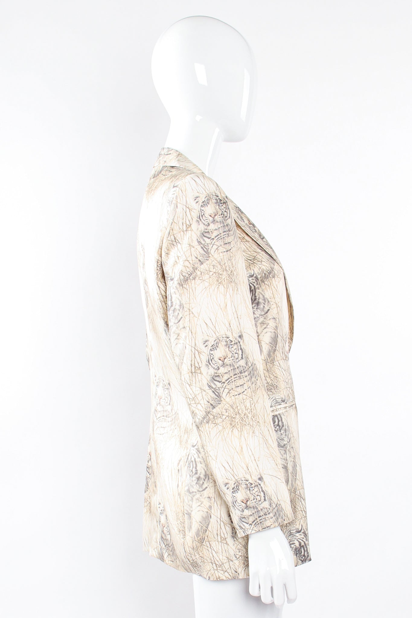 Vintage Escada Silk Snow Tiger Jacket on Mannequin side at Recess Los Angeles