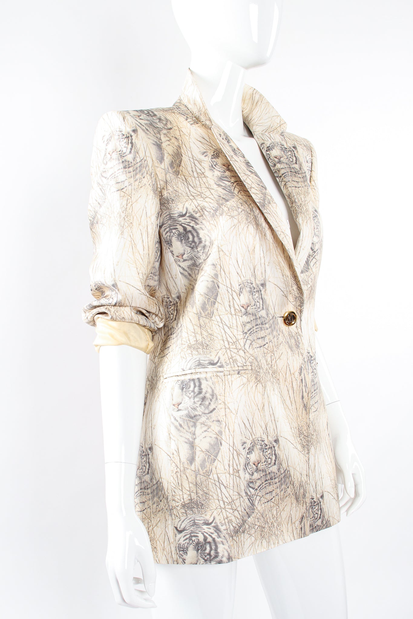 Vintage Escada Silk Snow Tiger Jacket on Mannequin angle at Recess Los Angeles