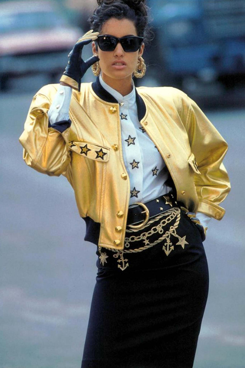 Vintage Escada Gold Star Leather Bomber Jacket on Yasmeen Ghauri Recess LA