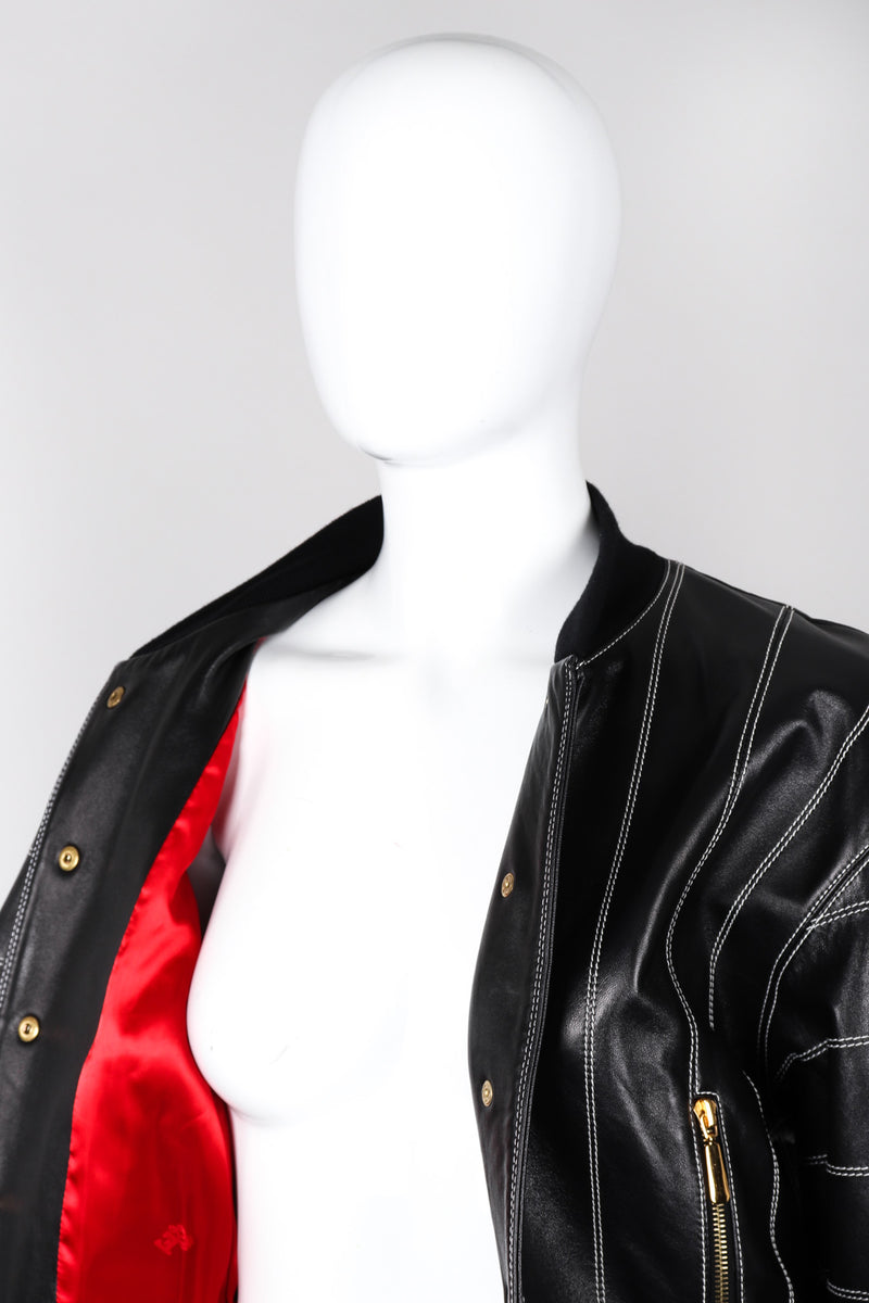 Recess Los Angeles Escada Bomber Black Leather Jacket Red Satin Lining