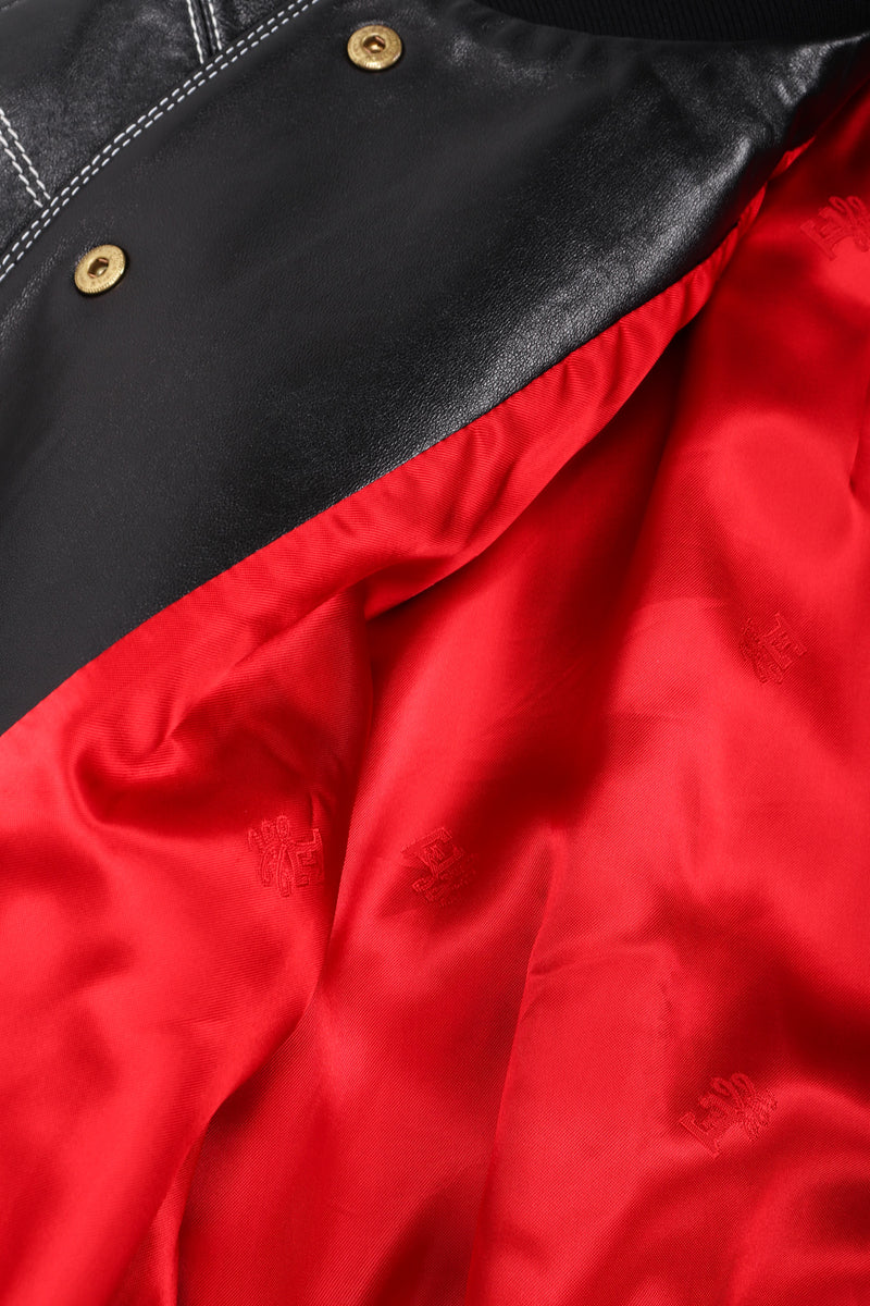 Recess Los Angeles Escada Bomber Black Leather Jacket Red Satin Lining