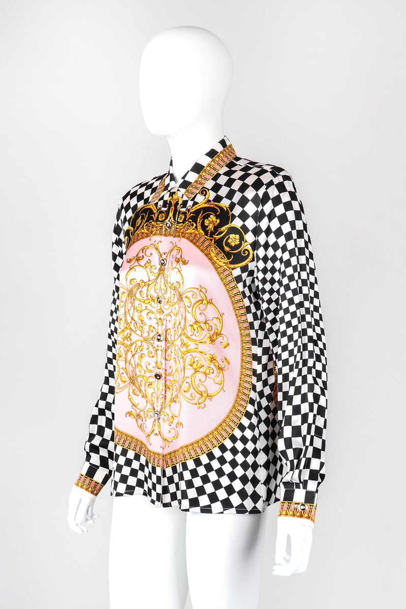 Recess Los Angeles Vintage Escada Checkered Baroque Versace Print Silk Shirt