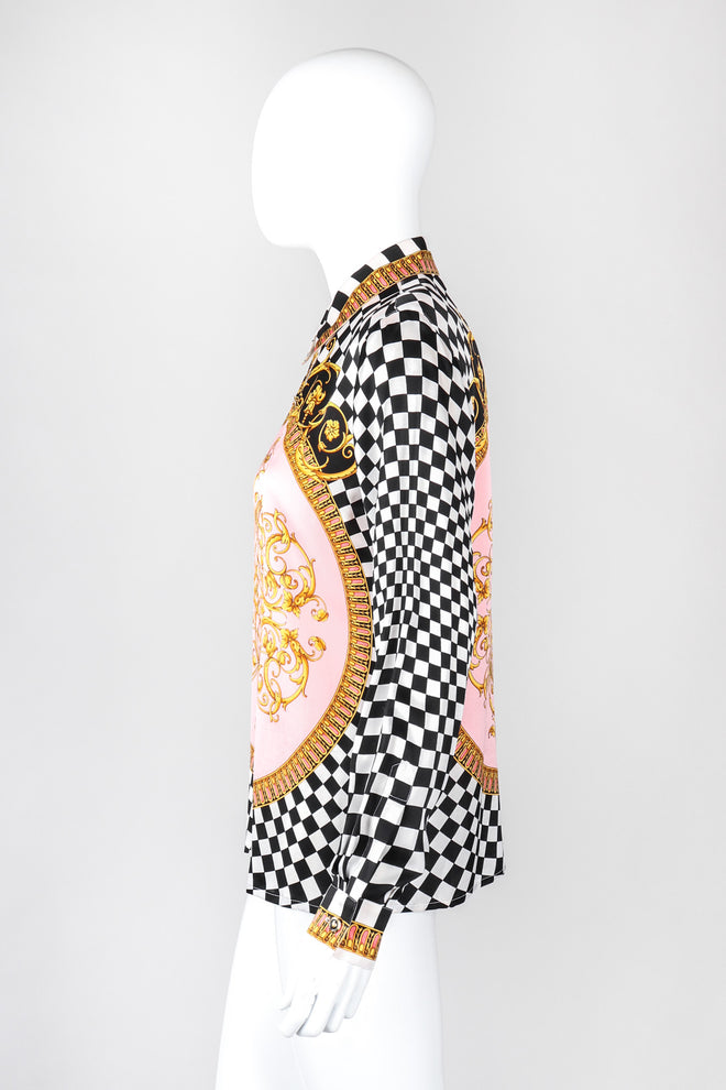 Recess Los Angeles Vintage Escada Checkered Baroque Versace Print Silk Shirt