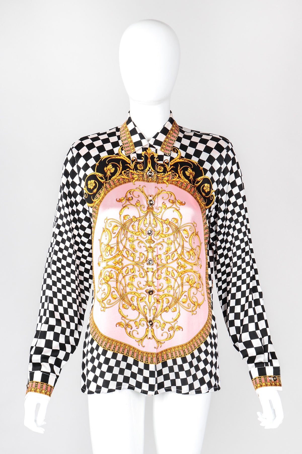 Vintage Escada Checkered Baroque Versace Print Silk Shirt – Recess