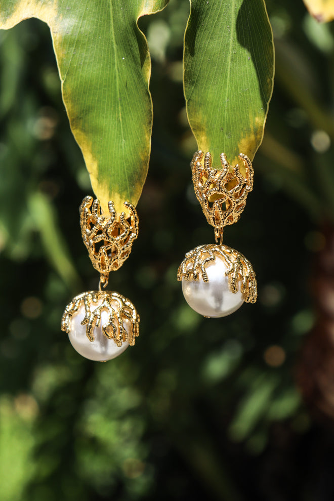 Recess Los Angeles Vintage Escada Branch Coral Pearl Drop Earrings