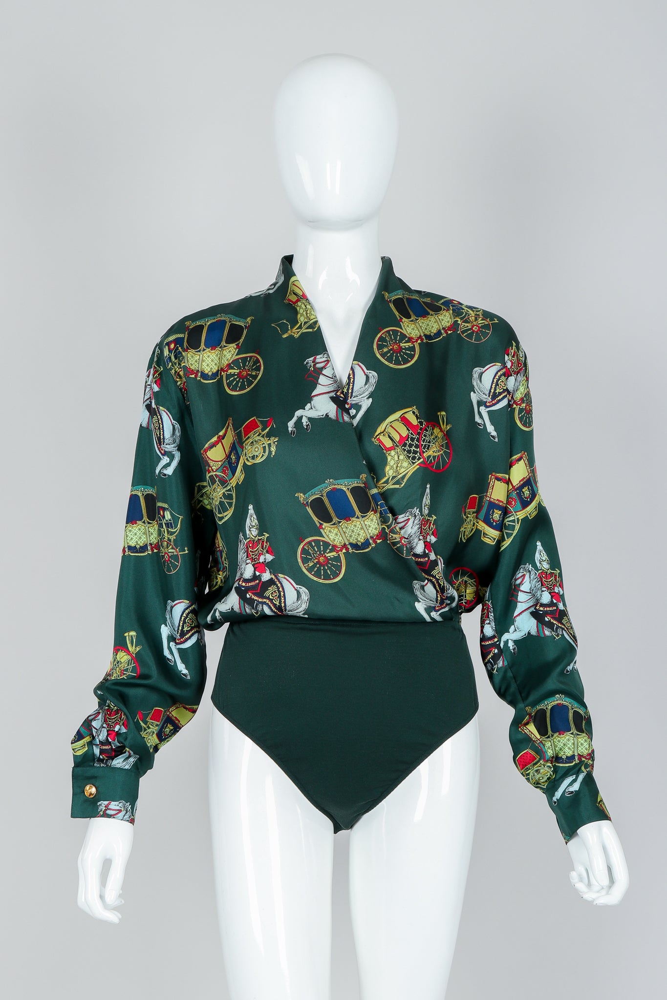 Vintage Escada Horse & Carriage Print Silk Surplice Bodysuit on Mannequin, front