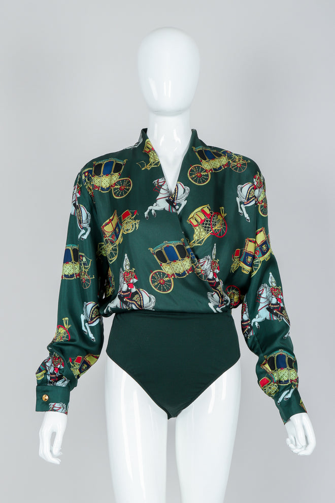 Vintage Escada Horse & Carriage Print Silk Surplice Bodysuit on Mannequin, front