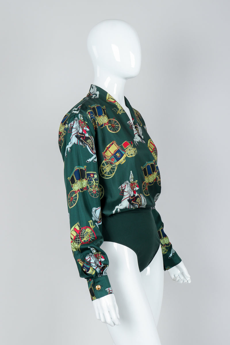 Vintage Escada Horse & Carriage Print Surplice Silk Bodysuit on Mannequin, side