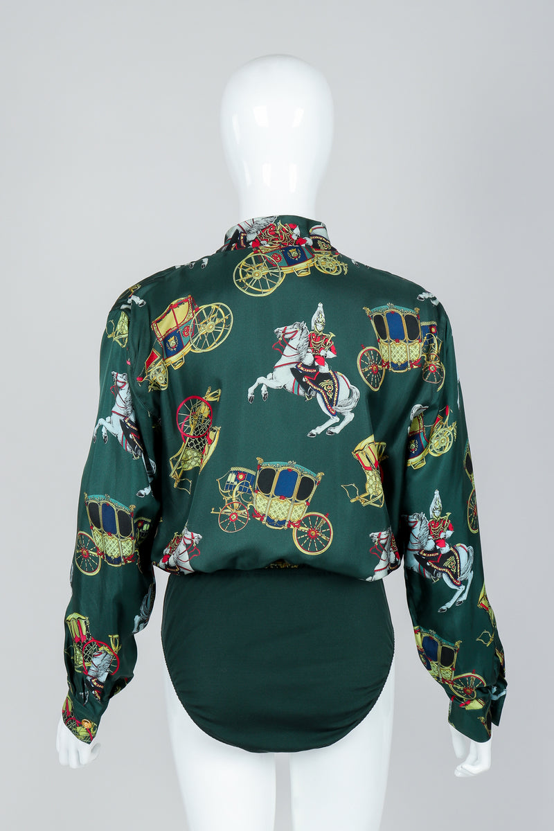 Vintage Escada Horse & Carriage Print Silk Surplice Bodysuit on Mannequin, Back