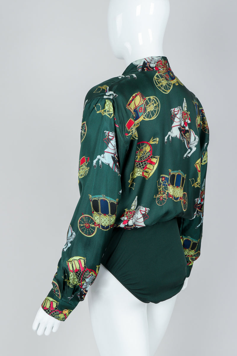 Vintage Escada Horse & Carriage Print Silk Surplice Bodysuit on Mannequin, Back Angle