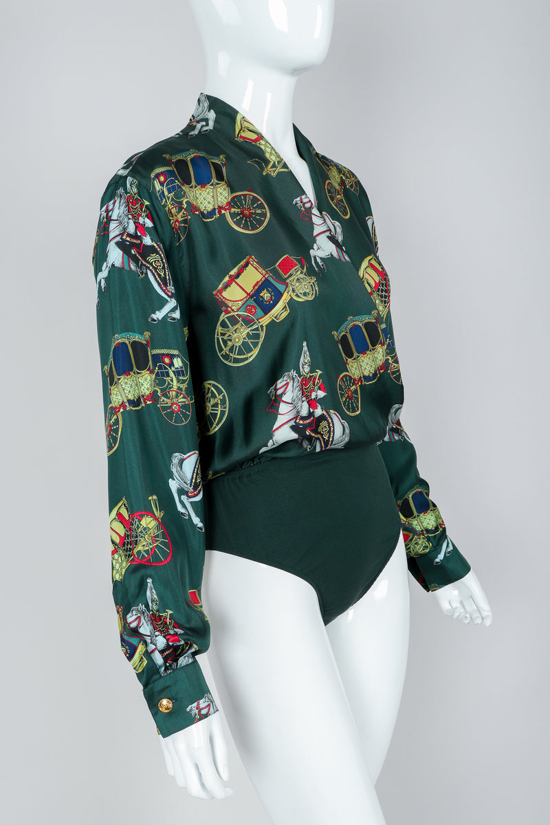 Vintage Escada Horse & Carriage Print Silk Surplice Bodysuit on Mannequin, Front Angle