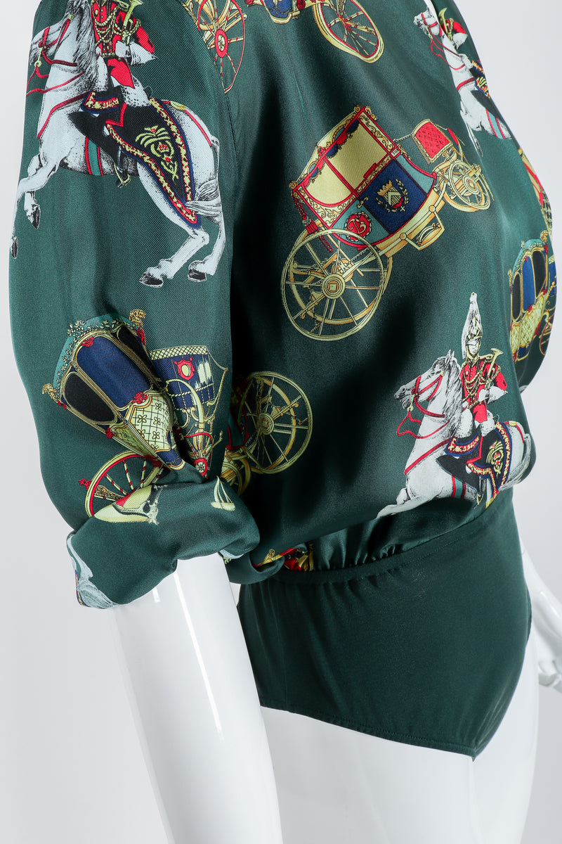 Vintage Escada Horse & Carriage Print Silk Surplice Bodysuit on Mannequin, waist