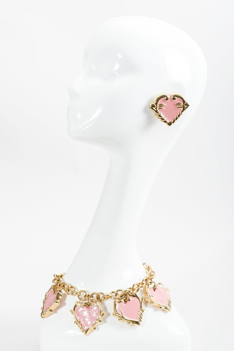 Vintage Escada Pink Enamel Heart Button Earrings and Necklace on mannequin at Recess Los Angeles