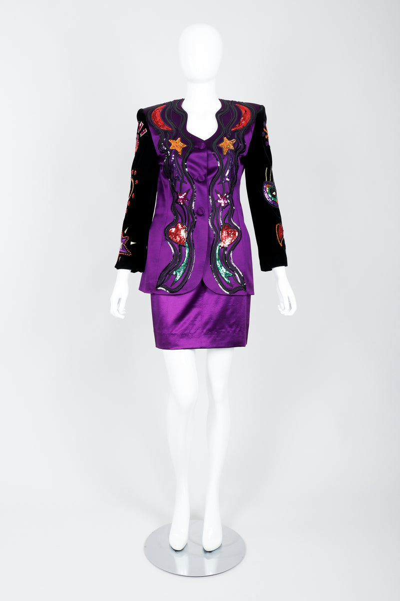 Vintage Escada Magical Embellished Satin Velvet Jacket & Skirt Suit on Mannequin Front at Recess