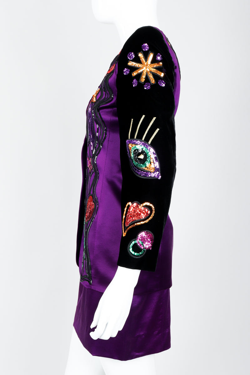 Vintage Escada Magical Embellished Satin Velvet Jacket & Skirt Suit on Mannequin Side2 at Recess