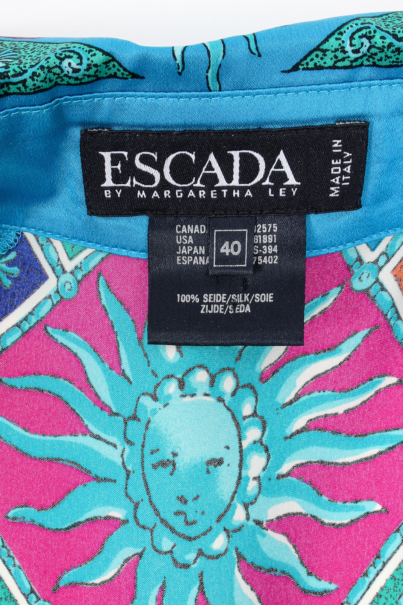Vintage Escada Sol Goddess Mosaic Satin Shirt label at Recess Los Angeles