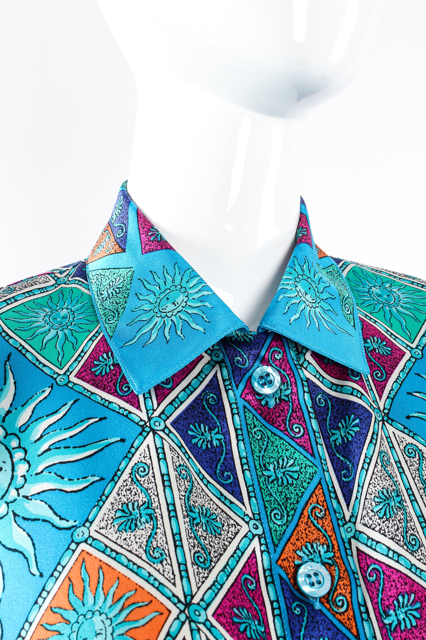 Vintage Escada Sol Goddess Mosaic Satin Shirt on Mannequin collar at Recess Los Angeles