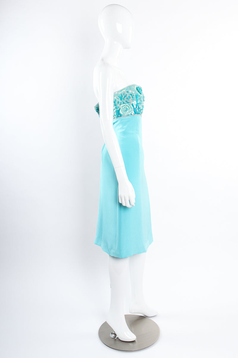 Vintage Escada Floral Sequined Strapless Sheath Dress on Mannequin side at Recess Los Angeles
