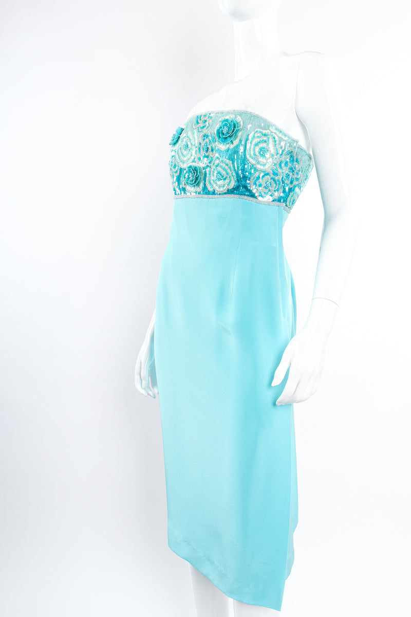 Vintage Escada Floral Sequined Strapless Sheath Dress on Mannequin angle crop at Recess Los Angeles