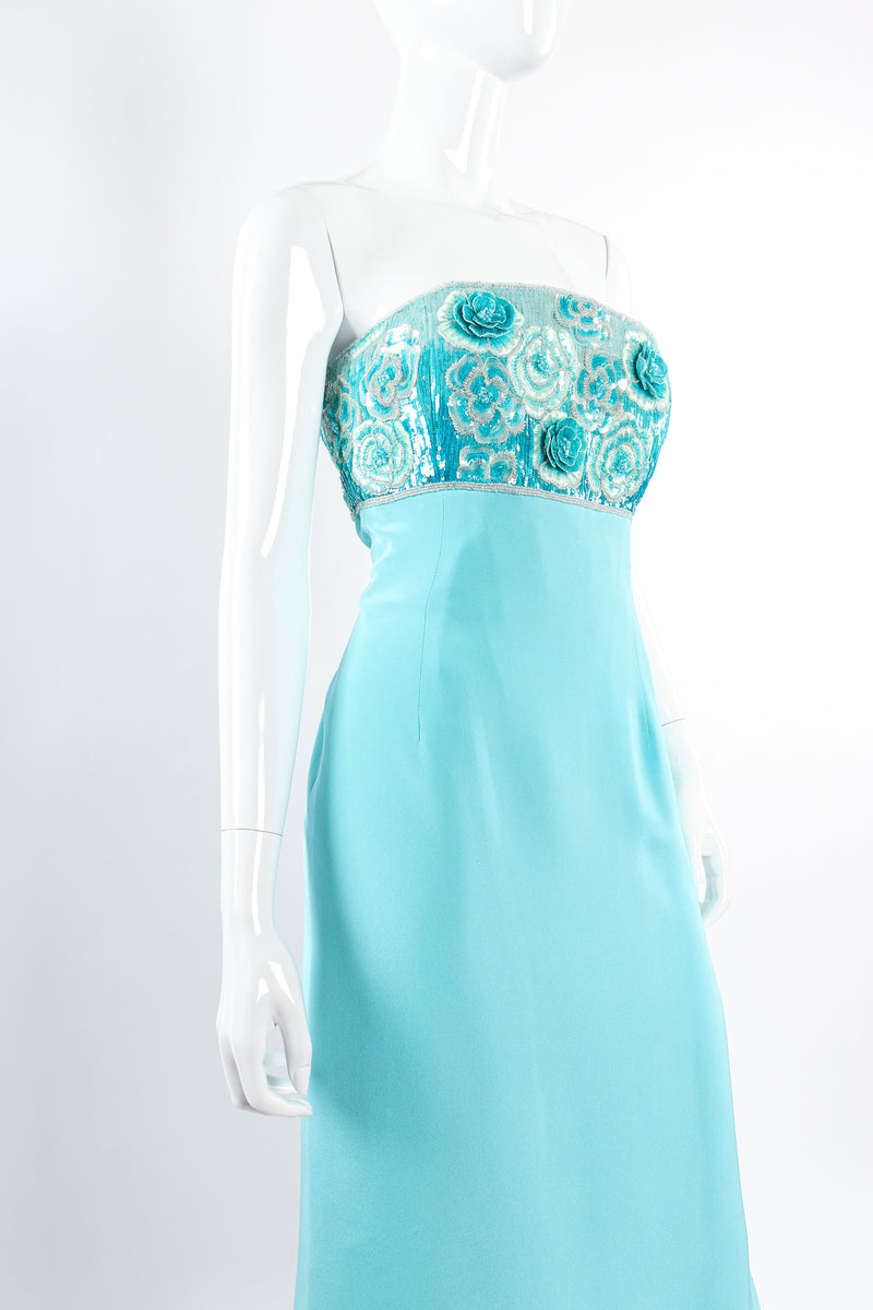 Vintage Escada Floral Sequined Strapless Sheath Dress on Mannequin angle crop at Recess Los Angeles